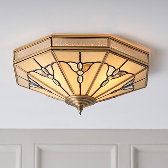 Gladstone 4 Lights Tiffany Glass Flush Ceiling Light In Antique Brass