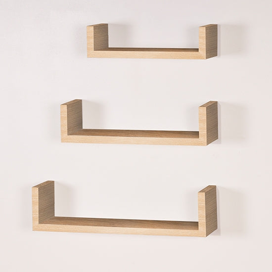 Hudson Wooden Set Of 3 Floating U Shape Wall Shelves In Oak Effect