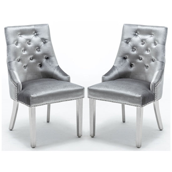 Knightsbridge Knocker Back Shimmer Grey Velvet Dining Chair In Pair
