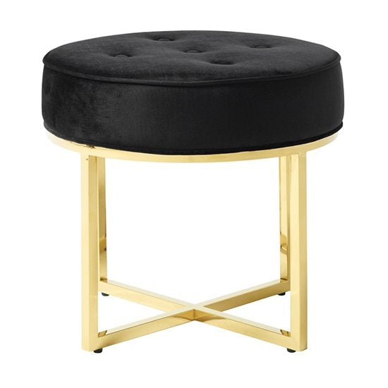 Lena Velvet Upholstered Accent Stool In Black With Gold Legs