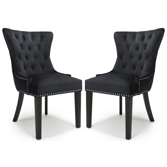 Lionhead Ring Back Black Brushed Velvet Dining Chairs With Black Legs In Pair