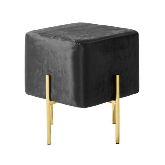 Madelyn Square Velvet Upholstered Accent Stool In Black With Gold Legs