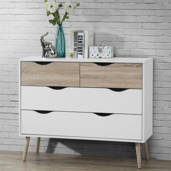 Mapleton Wooden Chest of Drawers In White And Oak With 4 Drawers