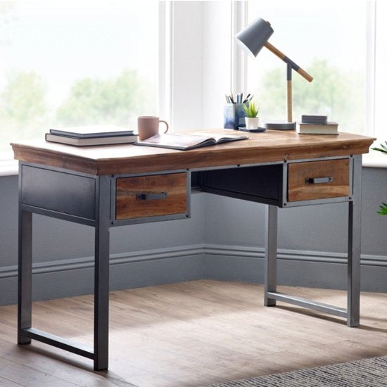 Metropolis Industrial Laptop Desk In Acacia With 2 Drawers