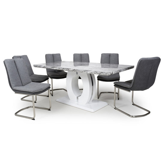 Neptune Large Gloss Grey White Marble Effect Dining Table With 6 Triton Light Grey Linen Dining Chairs