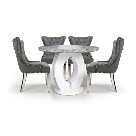 Neptune Round Dining Set With 4 Lionhead Grey Chairs With Silver Legs
