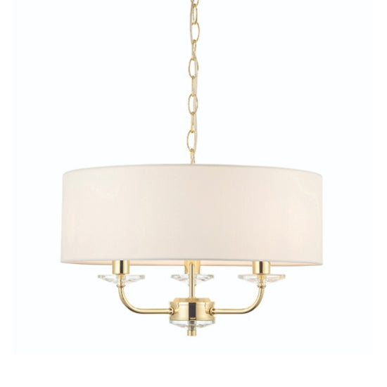 Nixon 3 Lights Vintage White Fabric Ceiling Pendant Light In Brass