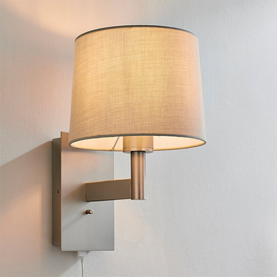 Owen USB Taupe Fabric Taper Cylinder Shade Wall Light In Matt Nickel