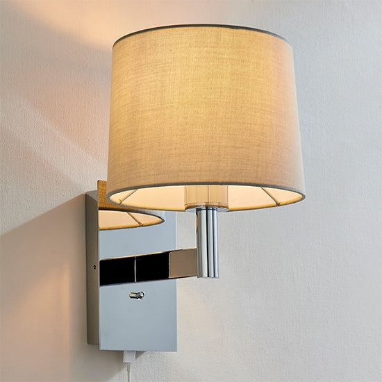 Owen USB Taupe Fabric Taper Cylinder Shade Wall Light In Polished Chrome