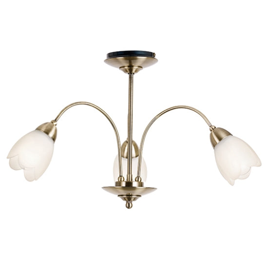 Petal Matt Opal Glass 3 Lights Semi Flush Ceiling Light In Antique Brass