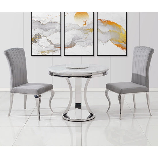 Romano 90cm Marble Dining Table In White With 2 Liyana Grey Chairs