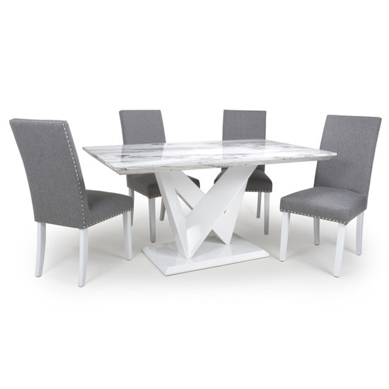 Saturn High Gloss Grey And White Marble Effect Dining Table With 4 Randall Silver Grey Chairs