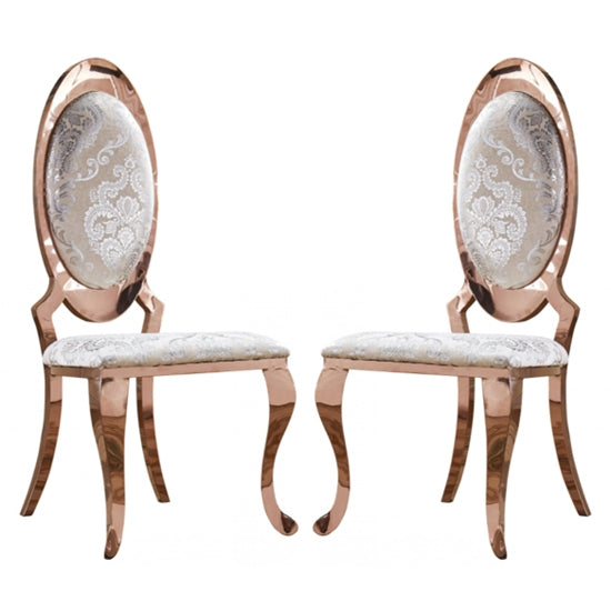 Tuscany White Fabric Dining Chairs In Pair With Rose Gold Legs