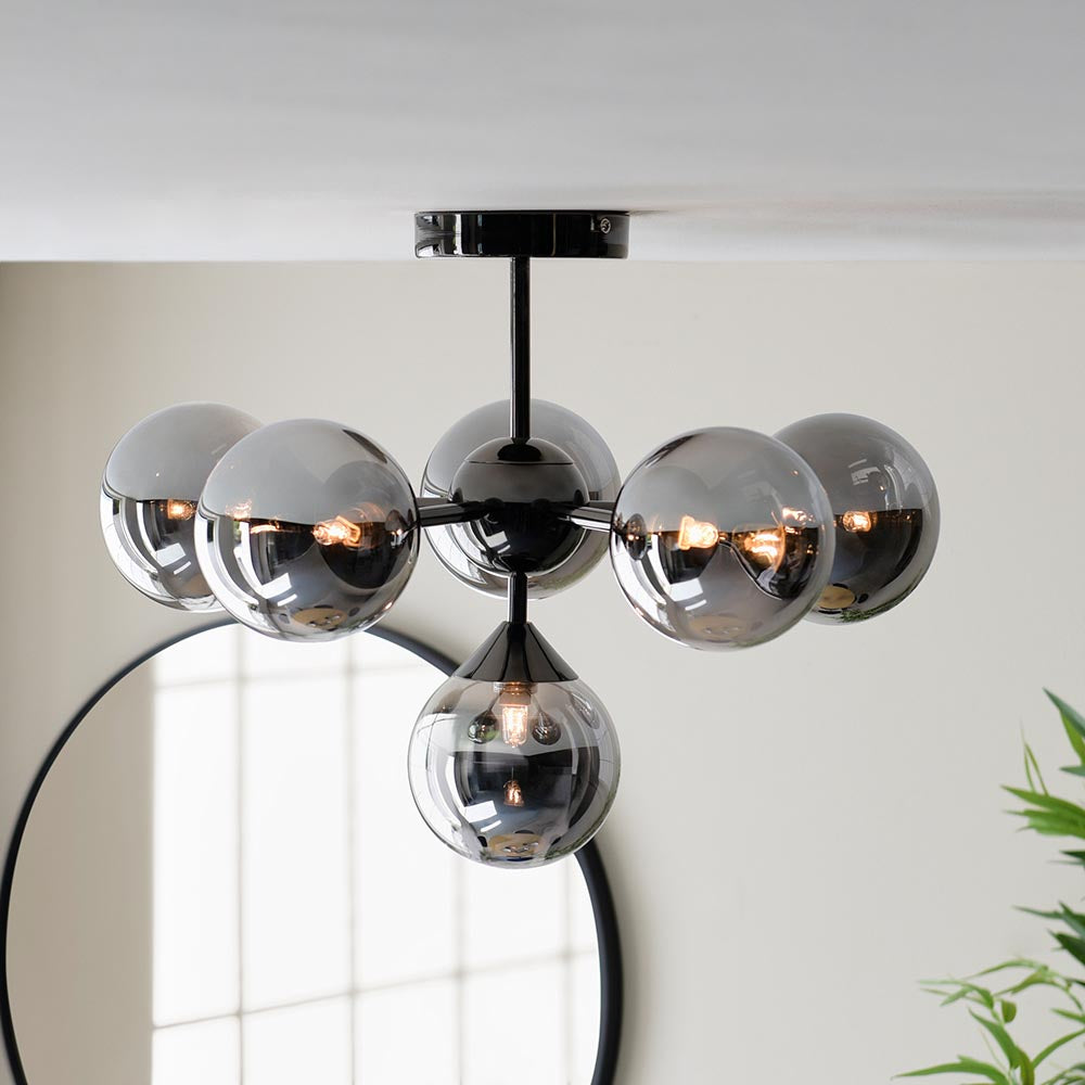 Oscar Smoked Mirror Glass Shades 6 Lights Ceiling Pendant Light In Matt Black