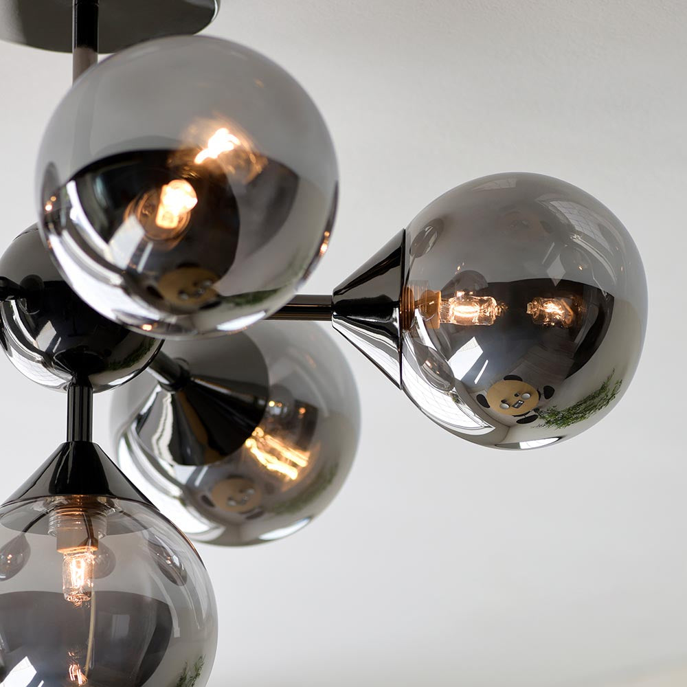 Oscar Smoked Mirror Glass Shades 6 Lights Ceiling Pendant Light In Matt Black
