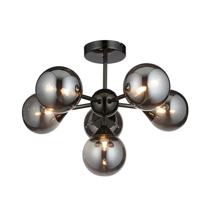 Oscar Smoked Mirror Glass Shades 6 Lights Ceiling Pendant Light In Matt Black