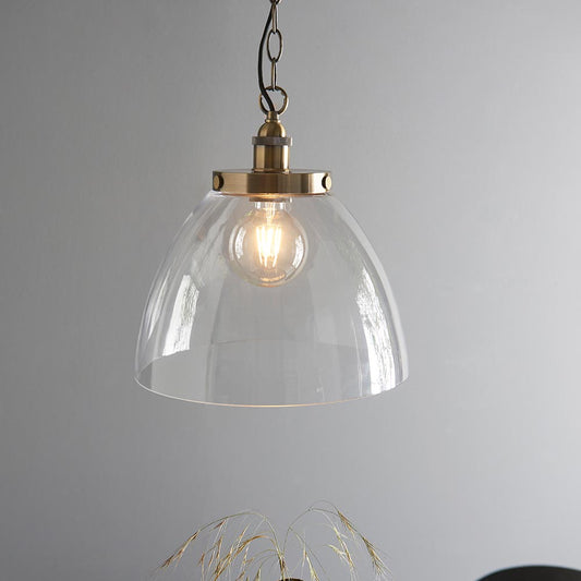 Hansen Clear Glass Shade Grand Ceiling Pendant Light In Antique Brass