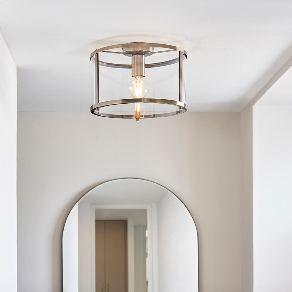 Hopton Metal Flush Ceiling Light In Antique Brass