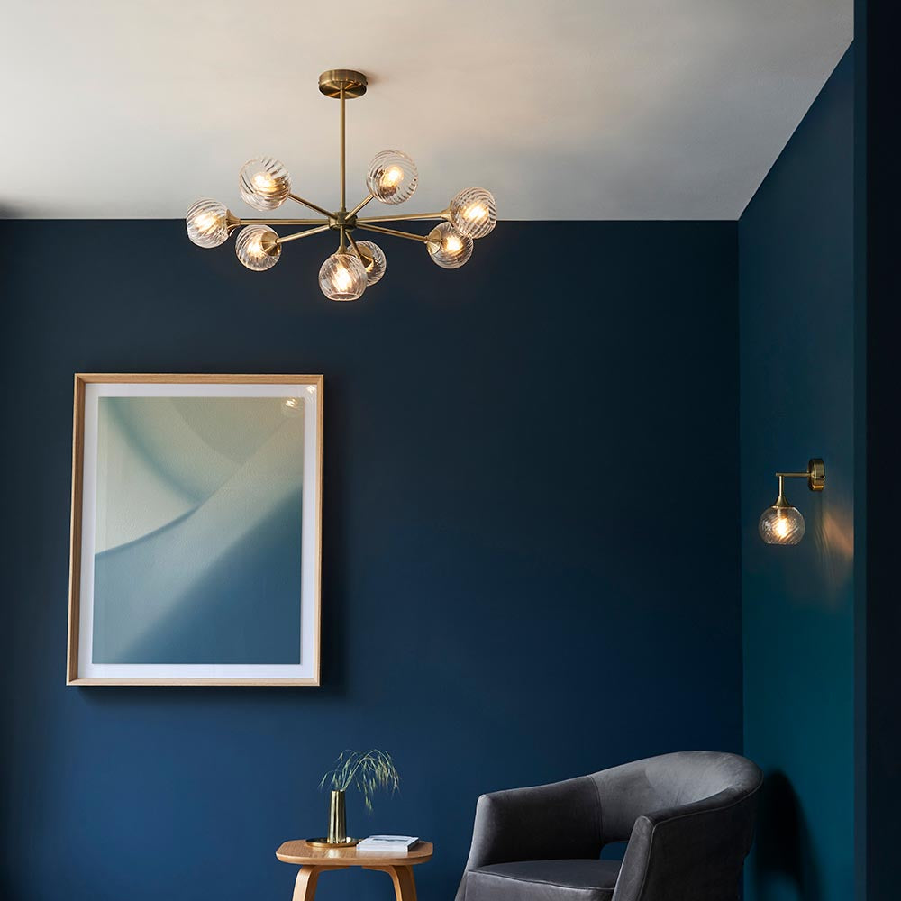 Allegra 8 Lights Clear Spiral Glass Semi Flush Wall Light In Antique Brass