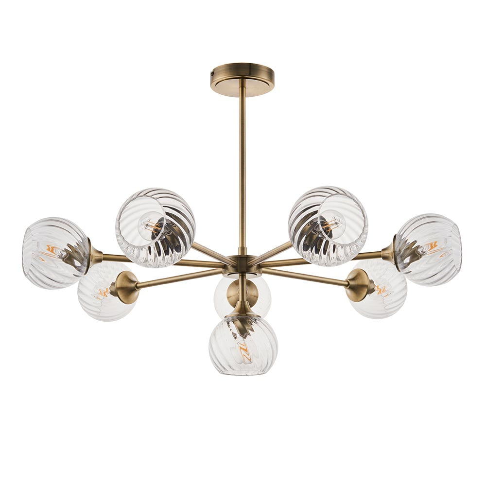 Allegra 8 Lights Clear Spiral Glass Semi Flush Wall Light In Antique Brass
