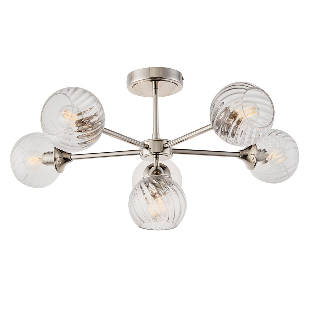 Allegra 6 Lights Clear Spiral Glass Semi Flush Wall Light In Bright Nickel