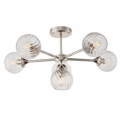 Allegra 6 Lights Clear Spiral Glass Semi Flush Wall Light In Bright Nickel