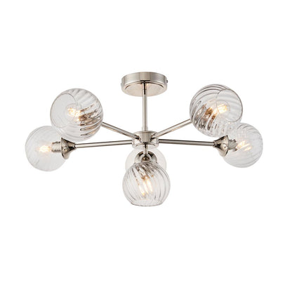 Allegra 6 Lights Clear Spiral Glass Semi Flush Wall Light In Bright Nickel