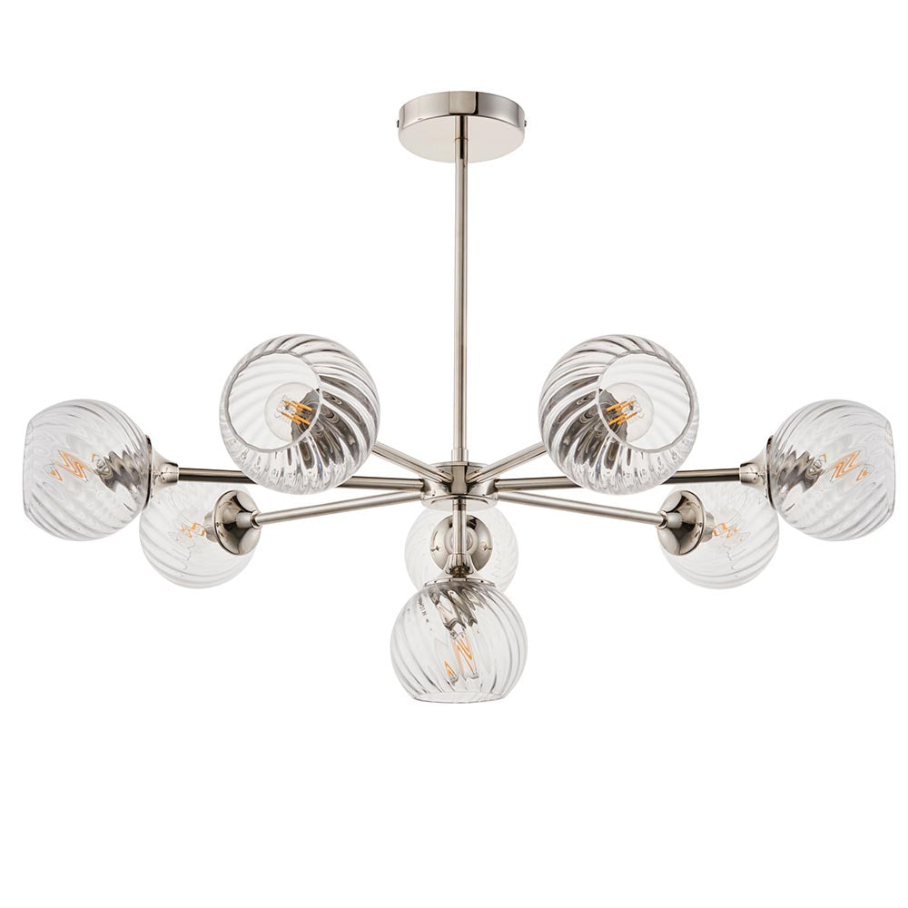 Allegra 8 Lights Clear Spiral Glass Semi Flush Wall Light In Bright Nickel