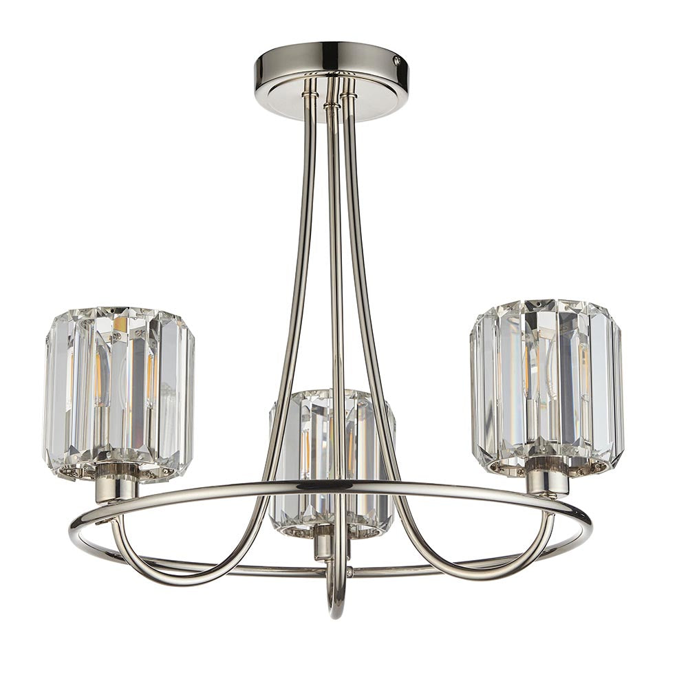 Berenice Clear Cut Glass Shades 3 Lights Semi Flush Ceiling Light In Bright Nickel