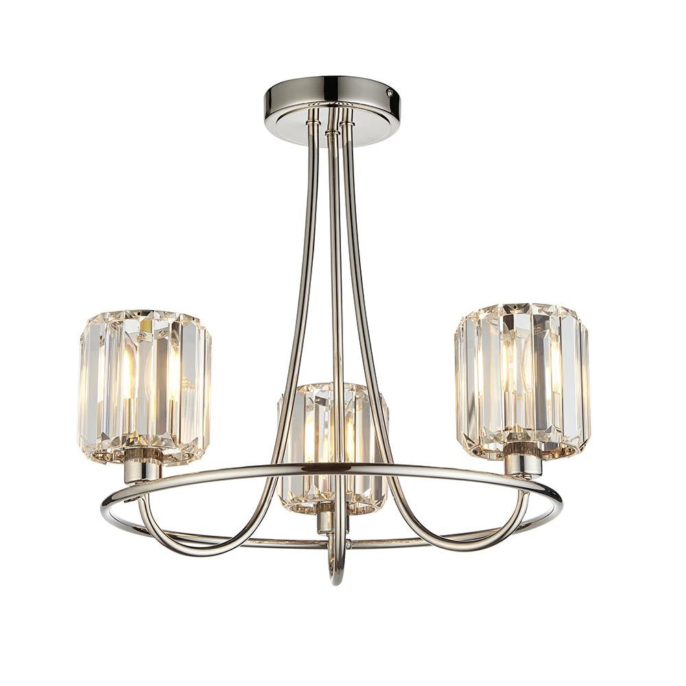 Berenice Clear Cut Glass Shades 3 Lights Semi Flush Ceiling Light In Bright Nickel