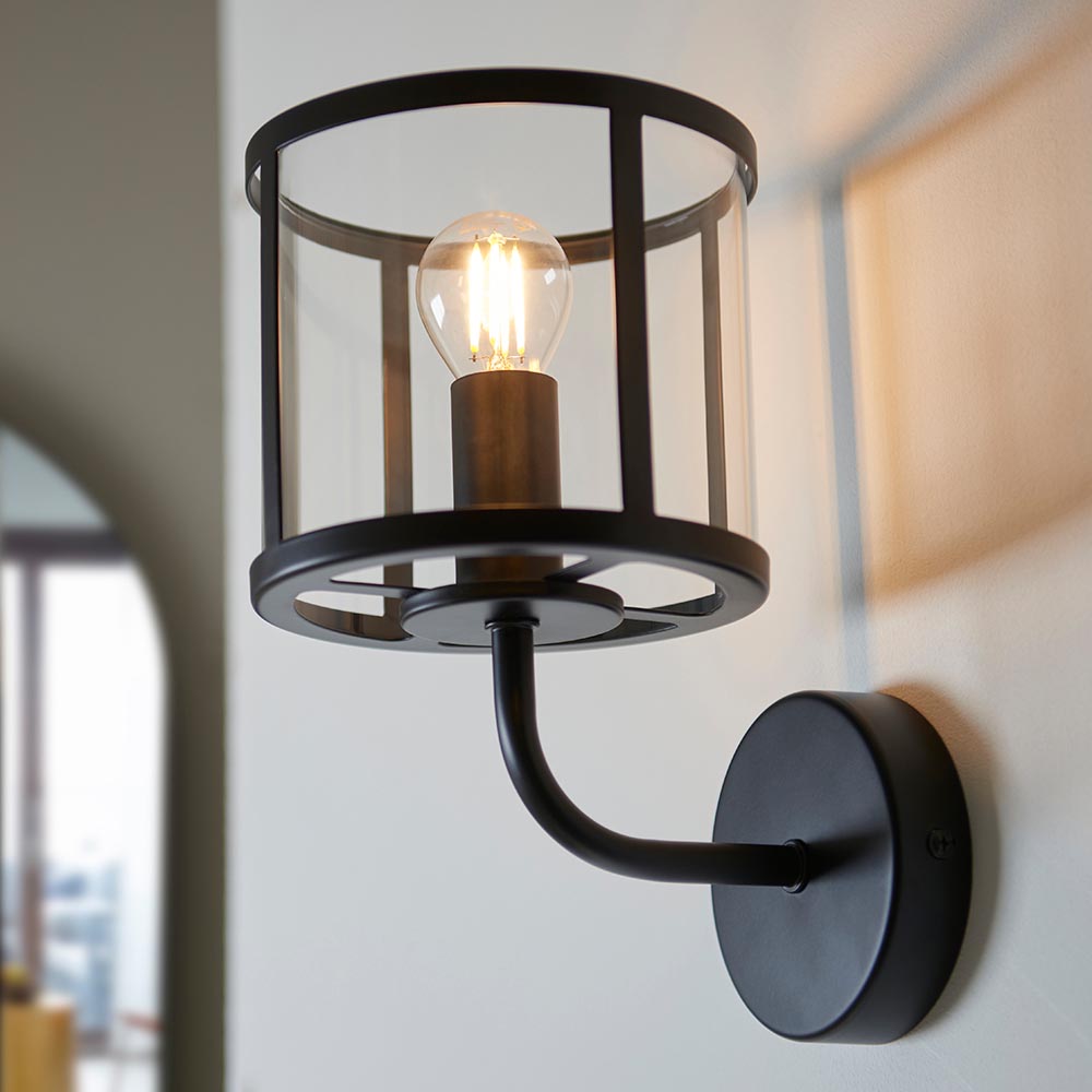 Hopton Clear Glass Shade Wall Light In Matt Black