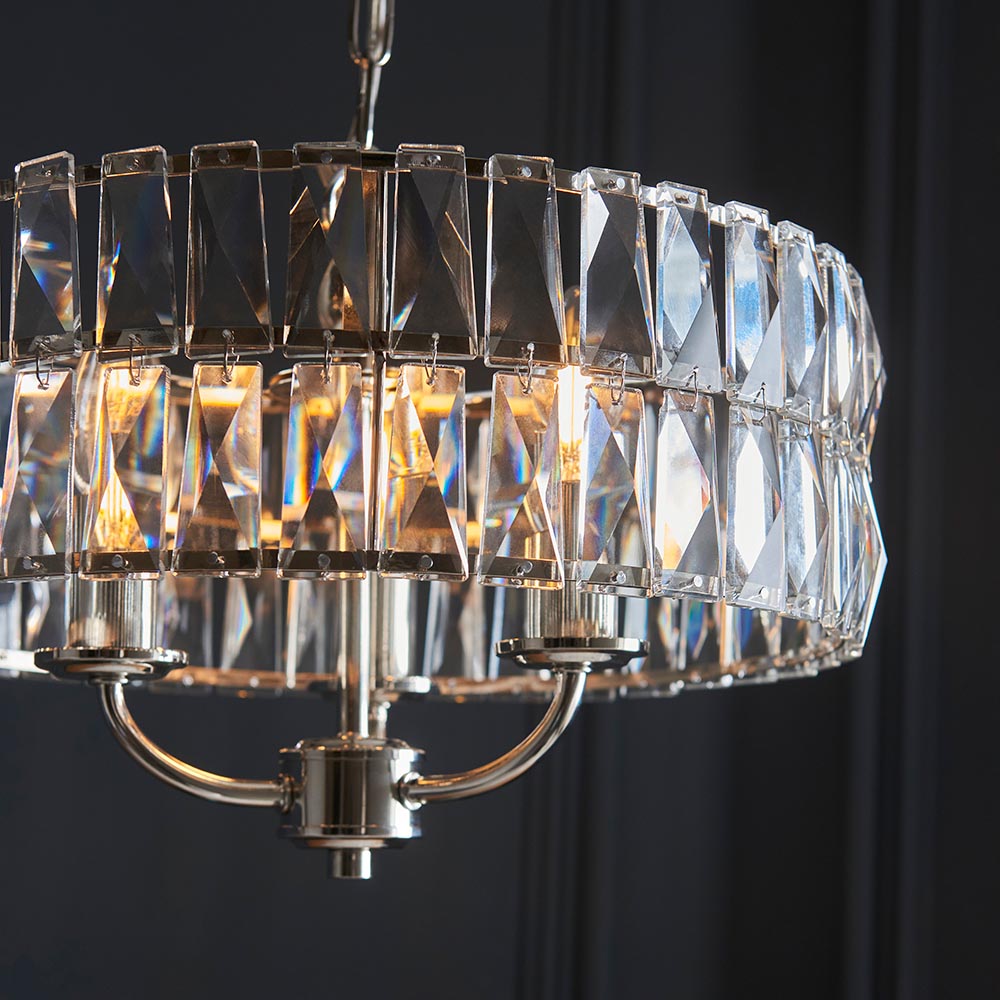 Clifton Clear Cut Faceted Glass 3 Lights Ceiling Pendant Light In Bright Nickel