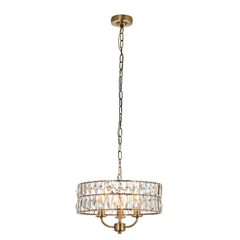 Clifton Clear Cut Faceted Glass 3 Lights Ceiling Pendant Light In Antique Brass