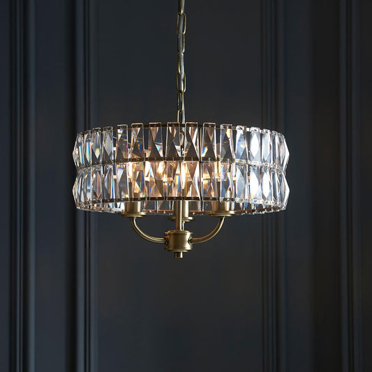 Clifton Clear Cut Faceted Glass 3 Lights Ceiling Pendant Light In Antique Brass