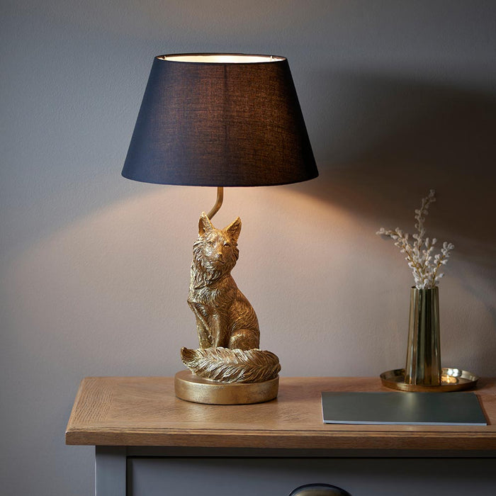 Fox Black Tapered Fabric Shade Table Lamp In Vintage Gold
