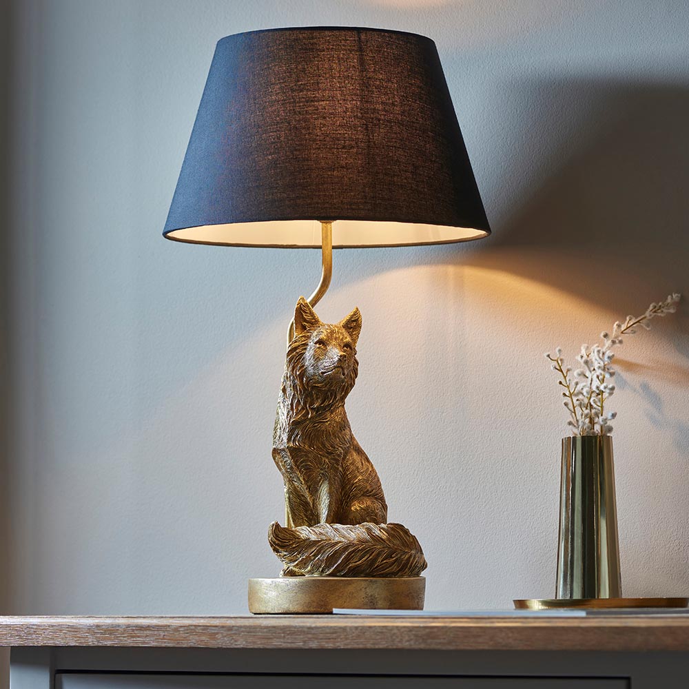 Fox Black Tapered Fabric Shade Table Lamp In Vintage Gold