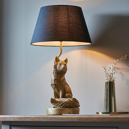 Fox Black Tapered Fabric Shade Table Lamp In Vintage Gold
