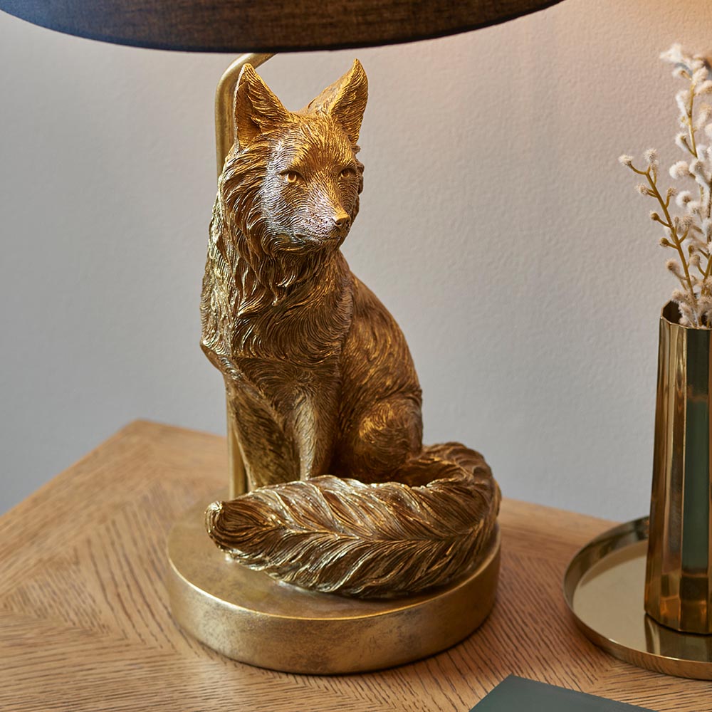 Fox Black Tapered Fabric Shade Table Lamp In Vintage Gold