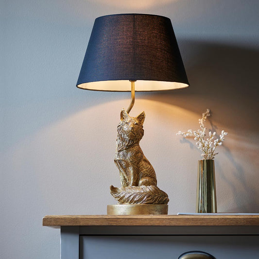 Fox Black Tapered Fabric Shade Table Lamp In Vintage Gold