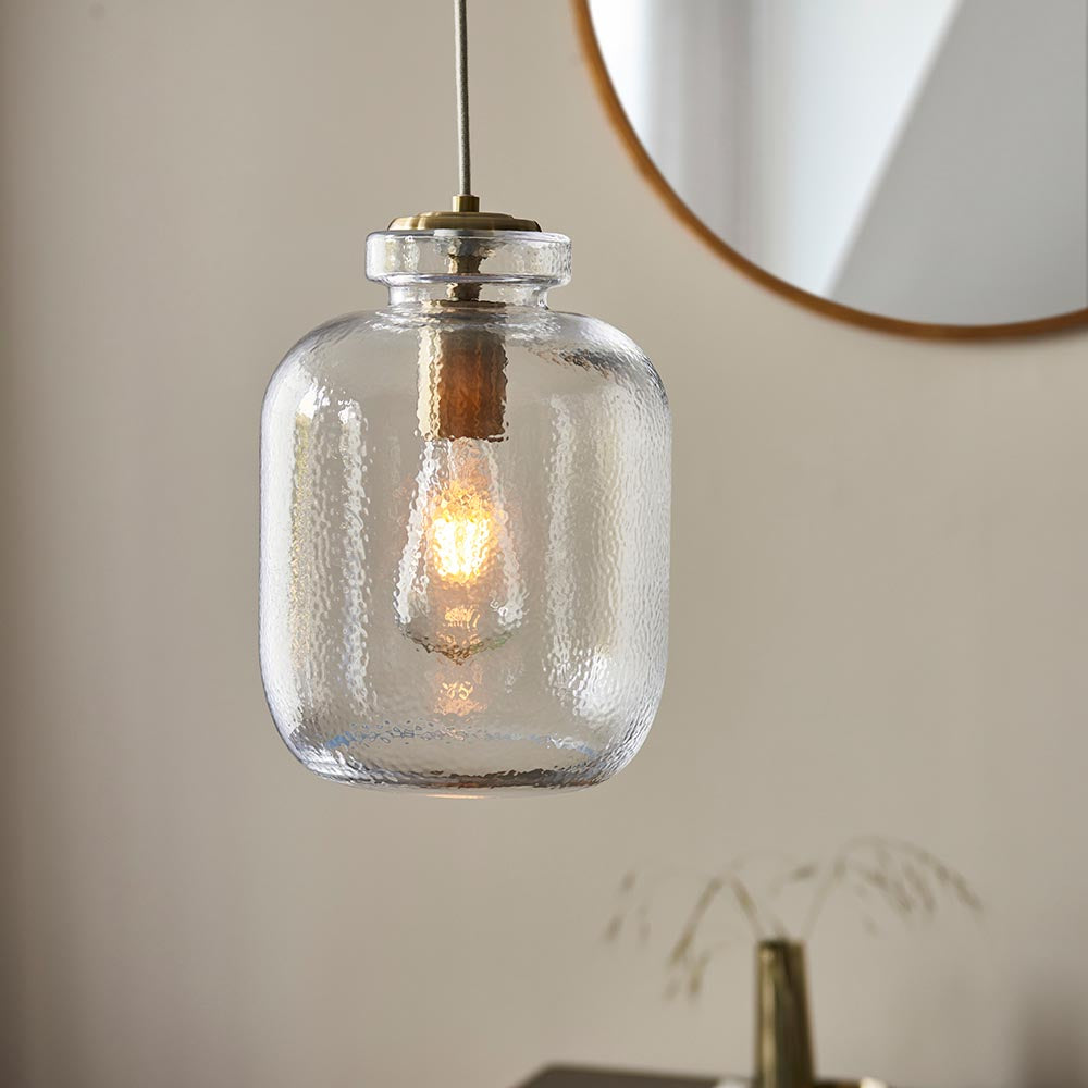 Lyra Clear Textured Glass Shade Ceiling Pendant Light In Antique Brass