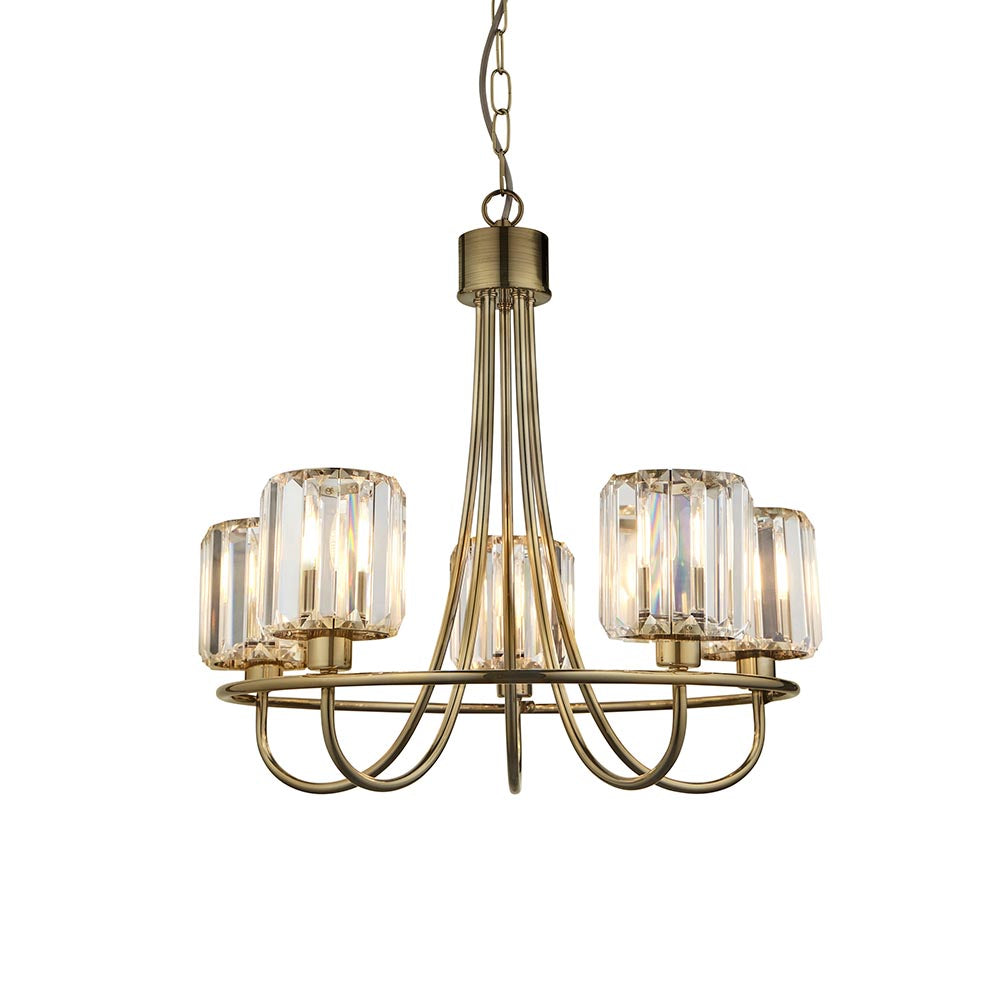 Berenice Clear Cut Glass Shades 5 Lights Semi Flush Ceiling Light In Antique Brass