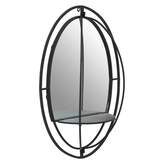 Avento Oval Shelved Wall Mirror In Black Iron Frame