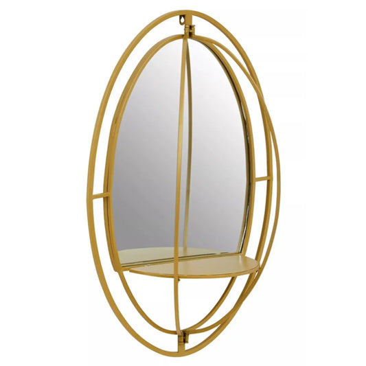 Avento Oval Shelved Wall Mirror In Gold Iron Frame