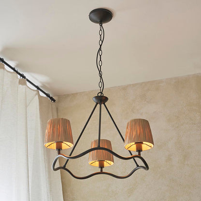 Wriggle 3 Lights Raffia Shade Ceiling Pendant Light In Matt Black