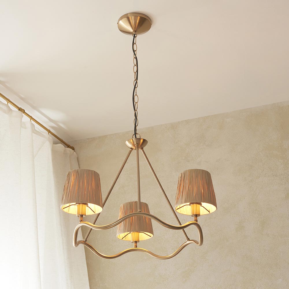 Wriggle 3 Lights Raffia Shade Ceiling Pendant Light In Brushed Aged Brass