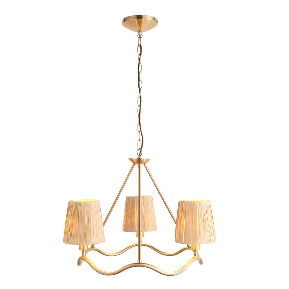 Wriggle 3 Lights Raffia Shade Ceiling Pendant Light In Brushed Aged Brass
