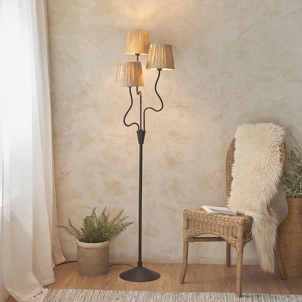 Wriggle 3 Lights Raffia Shade Floor Lamp In Matt Black
