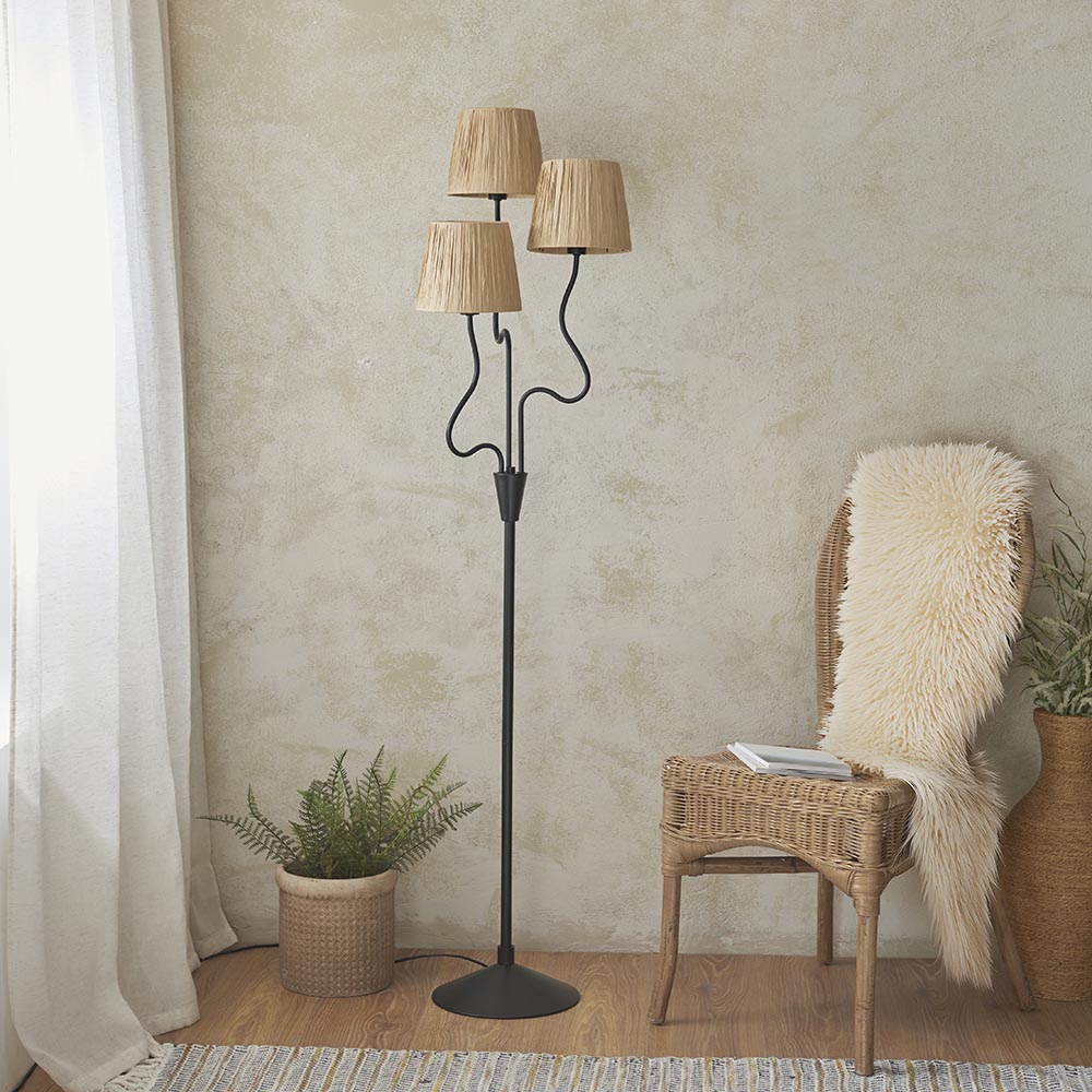 Wriggle 3 Lights Raffia Shade Floor Lamp In Matt Black