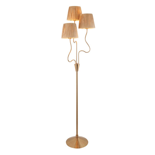 Wriggle 3 Lights Raffia Shade Floor Lamp In Brushed Aged Brass