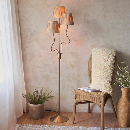 Wriggle 3 Lights Raffia Shade Floor Lamp In Brushed Aged Brass